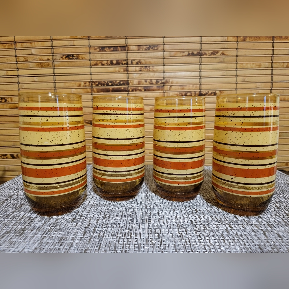 Vtg 70s Anchor Hocking Orange Yellow Brown Striped Speckled 12oz Tumbler 4pc Set
